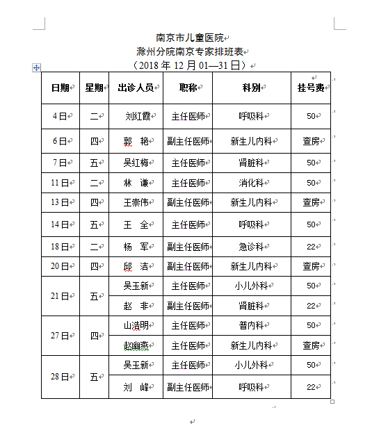 南京市儿童医院滁州分院12月份南京专家排班